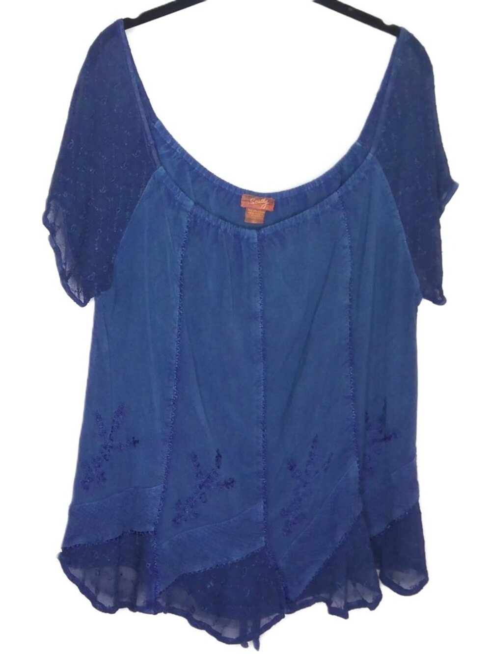 Scully Indigo Blue Peasant Top Embroidery & Lace Scoop Neck Gypsy Festival Sz XL